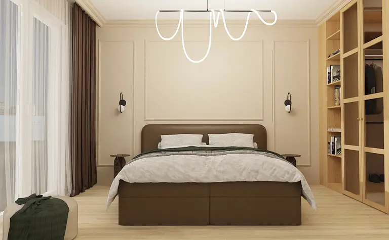 Sypialnia w stylu minimalistycznym z brązowym łóżkiem, jasnymi ścianami i drewnianymi detalami.