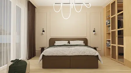 Sypialnia w stylu minimalistycznym z brązowym łóżkiem, jasnymi ścianami i drewnianymi detalami.