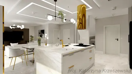 Wnętrze kuchni z białymi meblami, złotą lampą i minimalistycznym stylem
