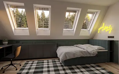 Wnętrze poddasza z łóżkiem, biurkiem i oknami, styl dopamine decor, industrialny, minimalistyczny, skandynawski, vintage, współczesny.