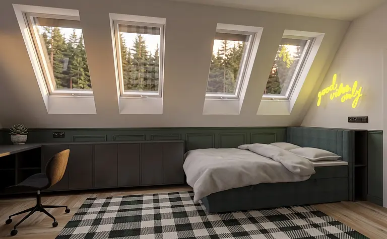 Wnętrze poddasza z łóżkiem, biurkiem i oknami, styl dopamine decor, industrialny, minimalistyczny, skandynawski, vintage, współczesny.