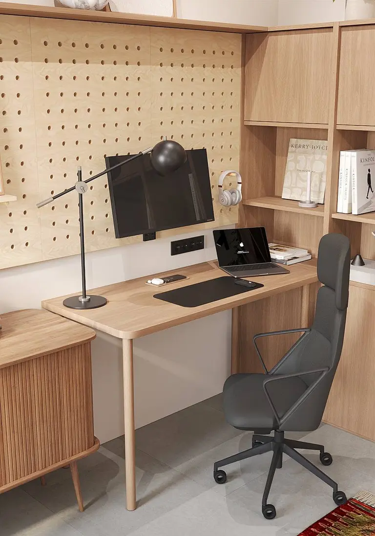 Wnętrze gabinetu z drewnianym biurkiem, minimalistycznym designem i nowoczesnymi akcesoriami.