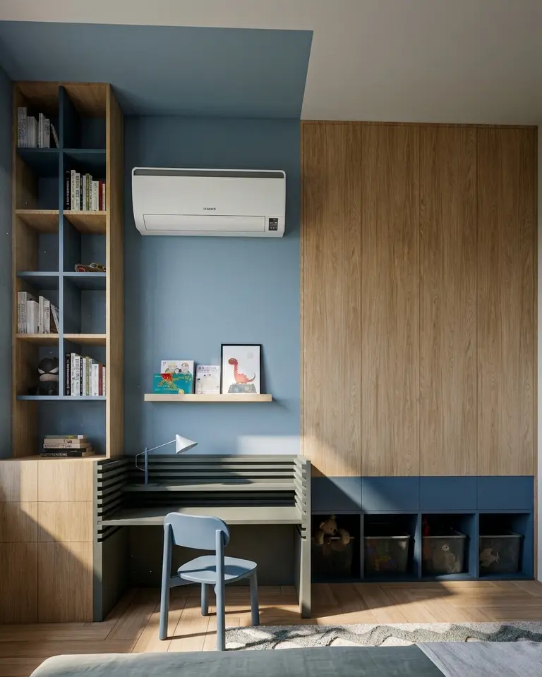 Pokój dziecięcy z biurkiem i regałem, dopamine decor, minimalistyczny, nowoczesny, skandynawski, soft minimalizm