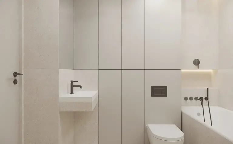Nowoczesna łazienka w stylu skandynawskim z jasnymi płytkami i czarnymi detalami.
