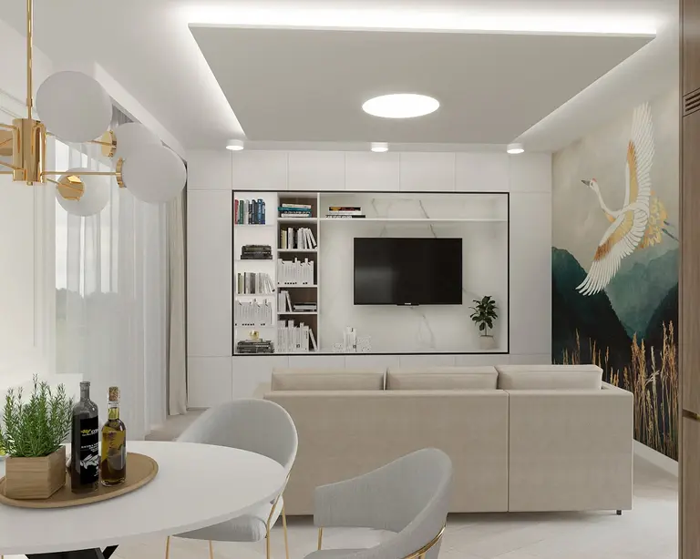 Wnętrze salonu w stylu art deco i skandynawskim z jasnymi meblami i telewizorem.