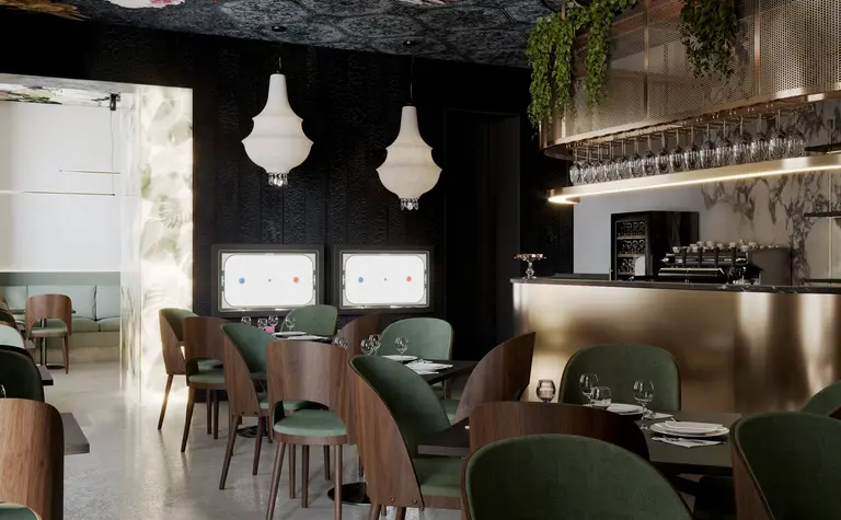 Nowoczesna restauracja z zielonymi krzesłami, marmurowym barem i kwiecistym sufitem w stylu glamour.
