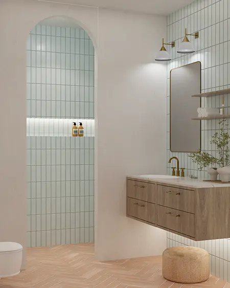 Nowoczesna łazienka z niebieskimi płytkami, drewnianą szafką i elementami prowansalskimi.