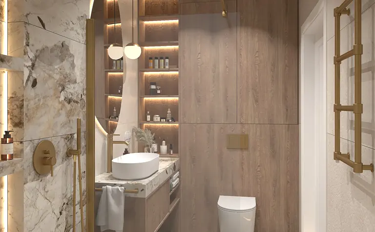 Nowoczesna łazienka z drewnianymi meblami i marmurowymi detalami w stylu minimaluxe.