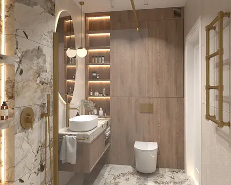 Nowoczesna łazienka z drewnianymi meblami i marmurowymi detalami w stylu minimaluxe.