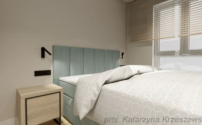 Sypialnia z niebieskim wezgłowiem, drewnianą szafką, industrialne, minimalistyczne, współczesne.