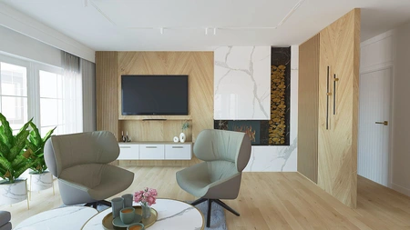 Wnętrze salonu z roślinnymi akcentami i kominkiem w stylu quiet luxury.