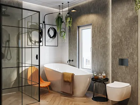 Nowoczesna łazienka w stylu industrialnym i soft minimalizm z wanną i roślinami.