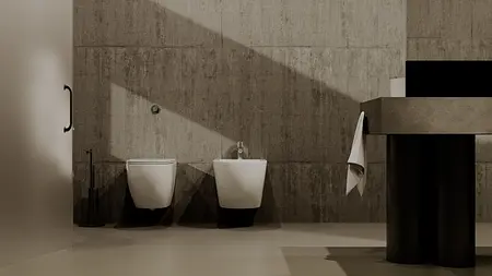 Wnętrze łazienki z betonowymi ścianami i nowoczesnymi elementami w stylu industrialnym.