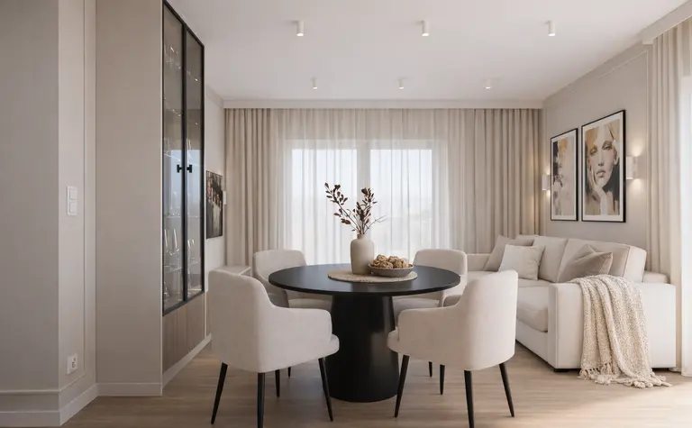 Wnętrze jadalni w stylu quiet luxury i współczesnym z okrągłym stołem i jasnymi krzesłami.