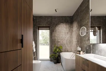 Nowoczesna łazienka w stylu soft minimalizm z drewnem i szarością.