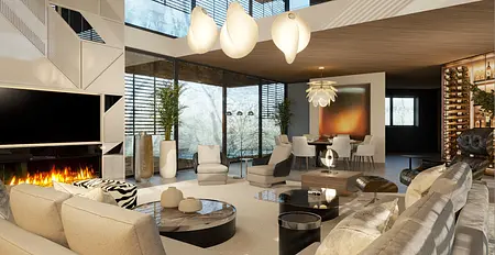 Wnętrze nowoczesnego salonu z kominkiem, dużymi oknami i stylowymi meblami.