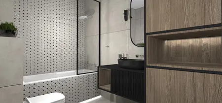Łazienka w stylu industrialnym z minimalistycznymi meblami, skandynawskim designem i nowoczesnymi akcentami.