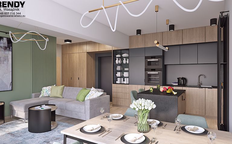 Wnętrze salonu w stylu quiet luxury z białymi meblami i brązowym stolikiem.
