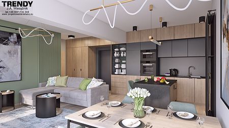Wnętrze salonu w stylu quiet luxury z białymi meblami i brązowym stolikiem.