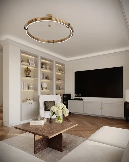 Wnętrze salonu w stylu quiet luxury z białymi meblami i brązowym stolikiem.