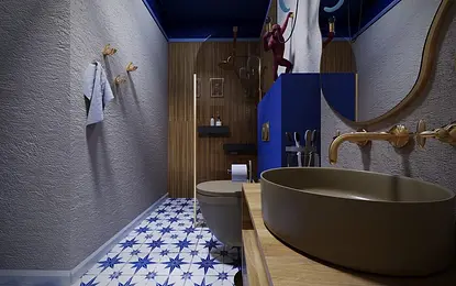Łazienka w stylu art deco z niebieskimi akcentami i drewnianymi detalami.
