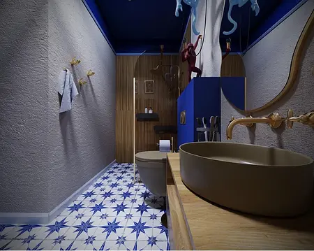 Łazienka w stylu art deco z niebieskimi akcentami i drewnianymi detalami.