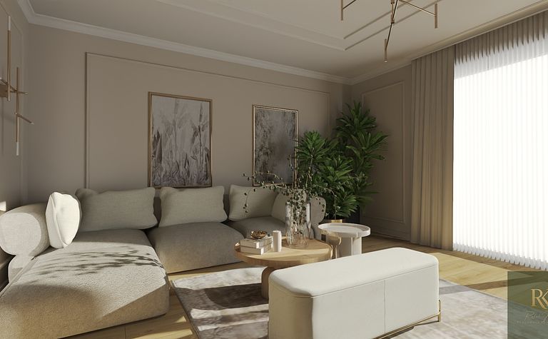 Wnętrze salonu z minimalistycznym wystrojem, nowoczesne meble, współczesne dodatki.