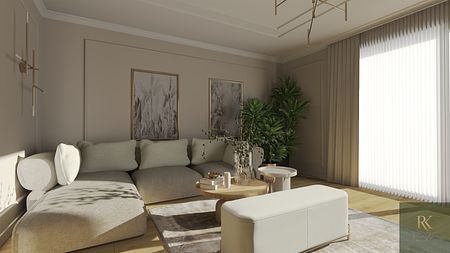 Wnętrze salonu z minimalistycznym wystrojem, nowoczesne meble, współczesne dodatki.