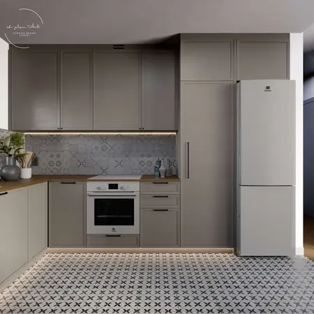 Kuchnia minimalistyczna z szarymi meblami i białą lodówką