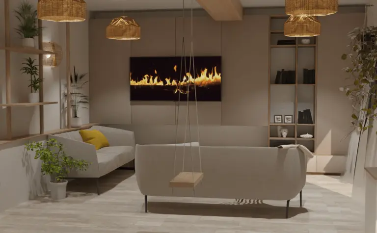 Wnętrze salonu w stylu boho z jasnymi meblami i roślinami.