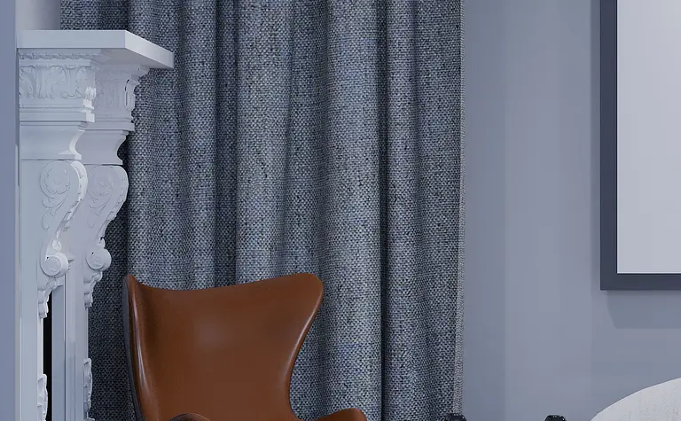 Wnętrze w stylu japandi z brązowym fotelem i szarymi zasłonami, minimalistyczne i nowoczesne.