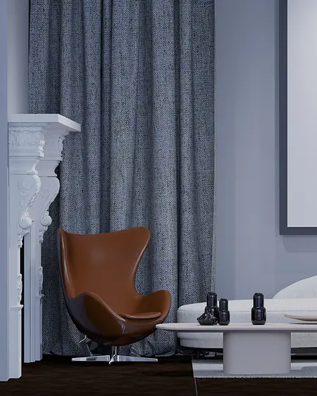 Wnętrze w stylu japandi z brązowym fotelem i szarymi zasłonami, minimalistyczne i nowoczesne.