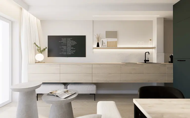 Wnętrze kuchni z minimalistycznym designem, drewnianymi meblami i nowoczesnymi akcesoriami.