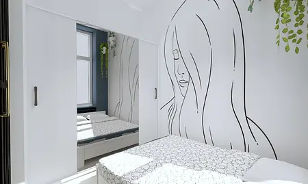 Wnętrze pokoju z białymi ścianami i roślinami, nowoczesny design.