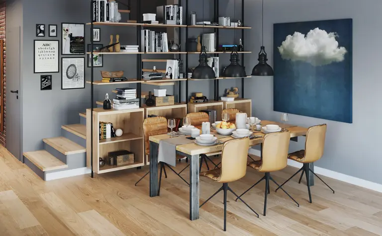 Jadalnia w stylu industrialnym i soft minimalizm z drewnianym stołem i nowoczesnymi lampami.