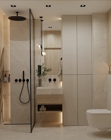 Nowoczesna łazienka z jasnymi płytkami, drewnianym blatem i minimalistycznymi akcesoriami.