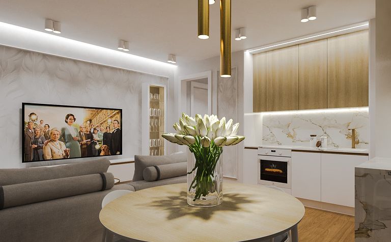 Wnętrze kuchni z białymi meblami, drewnianym blatem i kwiatami, styl quiet luxury.