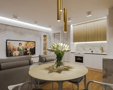 Wnętrze kuchni z białymi meblami, drewnianym blatem i kwiatami, styl quiet luxury.