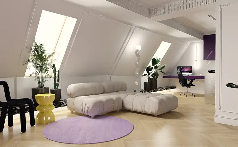Wnętrze poddasza z eklektycznym designem, meble w kolorze szarym, żółty stół i rośliny.