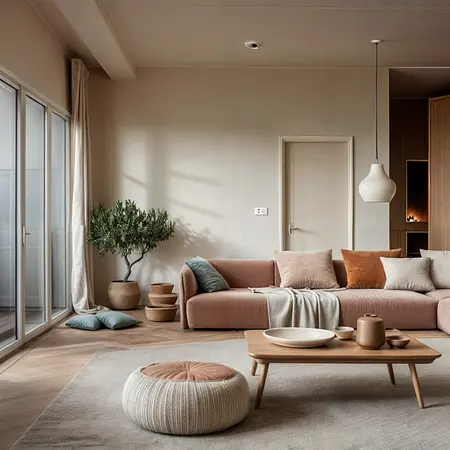 Wnętrze salonu w stylu boho, minimalistycznym i vintage z różowymi dodatkami.