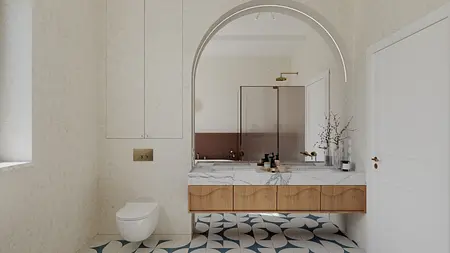 Wnętrze łazienki w stylu eklektycznym z drewnianymi akcentami i vintage detalami.