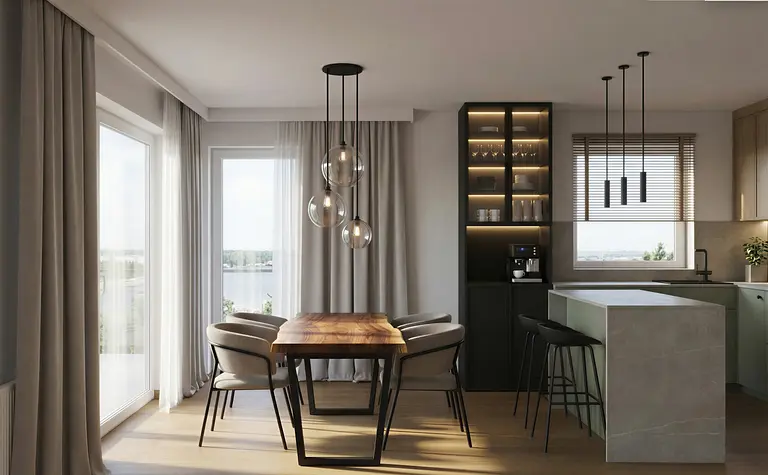 Wnętrze kuchni z drewnianym stołem, szarym blatem, industrialnym i minimalistycznym stylem.