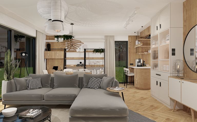 Wnętrze salonu z szarym narożnikiem, drewnianymi meblami i nowoczesnymi lampami.