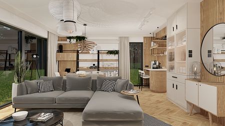 Wnętrze salonu z szarym narożnikiem, drewnianymi meblami i nowoczesnymi lampami.