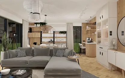 Wnętrze salonu z szarym narożnikiem, drewnianymi meblami i nowoczesnymi lampami.