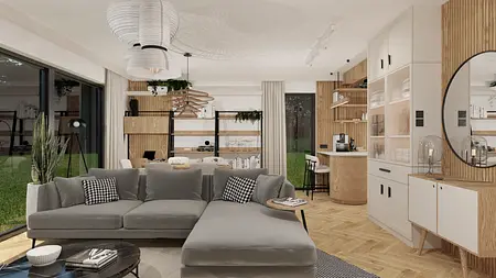 Wnętrze salonu z szarym narożnikiem, drewnianymi meblami i nowoczesnymi lampami.