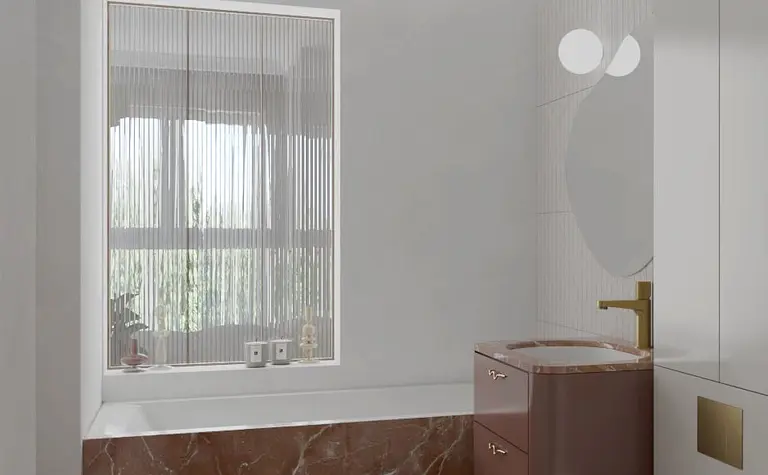 Wnętrze łazienki z elementami art deco, vintage i soft minimalizmu.
