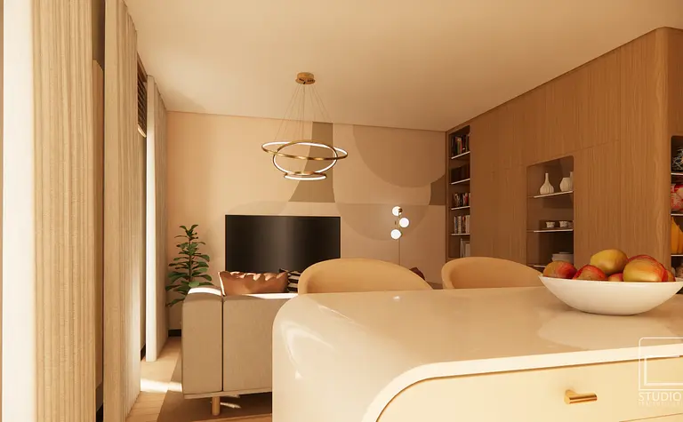 Wnętrze salonu w stylu japandi, minimalistycznym i soft minimalizm z jasnymi meblami.