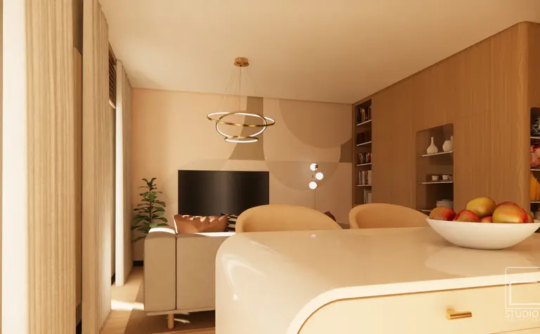 Wnętrze salonu w stylu japandi, minimalistycznym i soft minimalizm z jasnymi meblami.