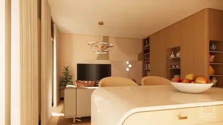 Wnętrze salonu w stylu japandi, minimalistycznym i soft minimalizm z jasnymi meblami.